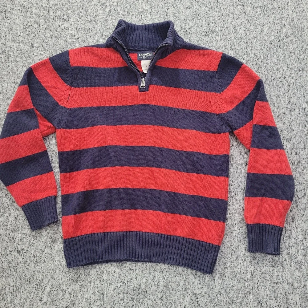 OshKosh B'gosh‎ Kids Boys Red Navy Striped Quarter Zip Sweater Size 8 FLAW